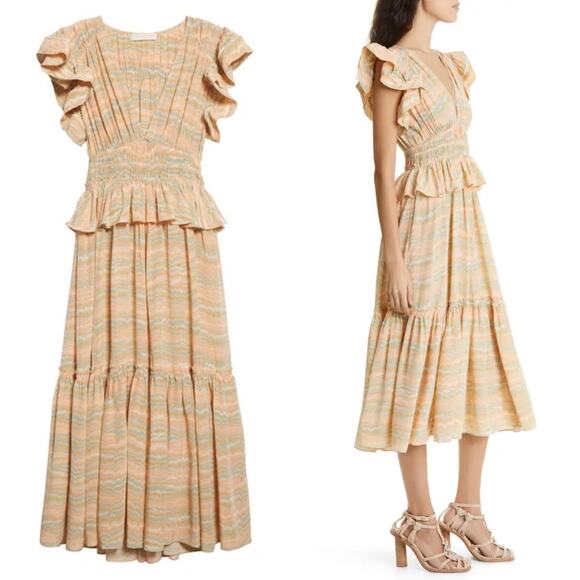 Ulla Johnson Bendetta Dress in Opal Sz 4 Peach Cream Blue Silk Chiffon Ruffles - Picture 2 of 16